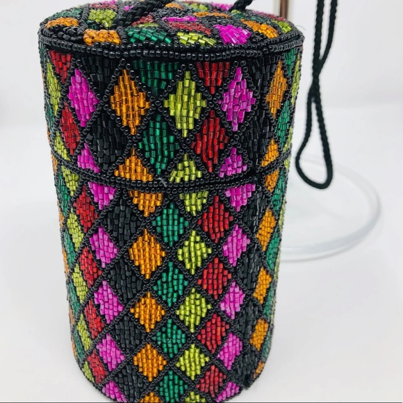 Bob Mackie Fully Beaded Cylinder Rainbow Beaded Hard Shell Capsule Handbag - Picture 2 of 13